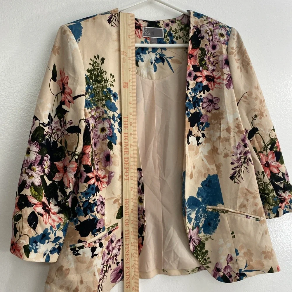 Chelsea28 Floral Print Pink Blazer Open Front Jacket 3 Quarter‎ Sleeve SZ L